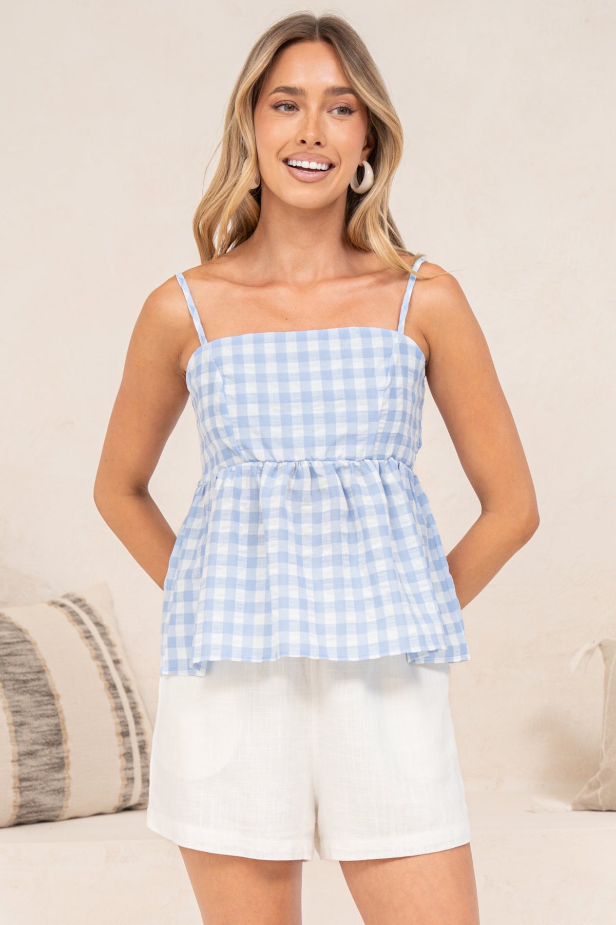 Nela Top - Square Neck Pelum Hem Top with Adjustable Spaghetti Straps in Blue Gingham