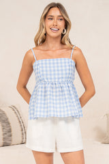 Nela Top - Square Neck Pelum Hem Top with Adjustable Spaghetti Straps in Blue Gingham
