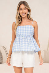 Nela Top - Square Neck Pelum Hem Top with Adjustable Spaghetti Straps in Blue Gingham