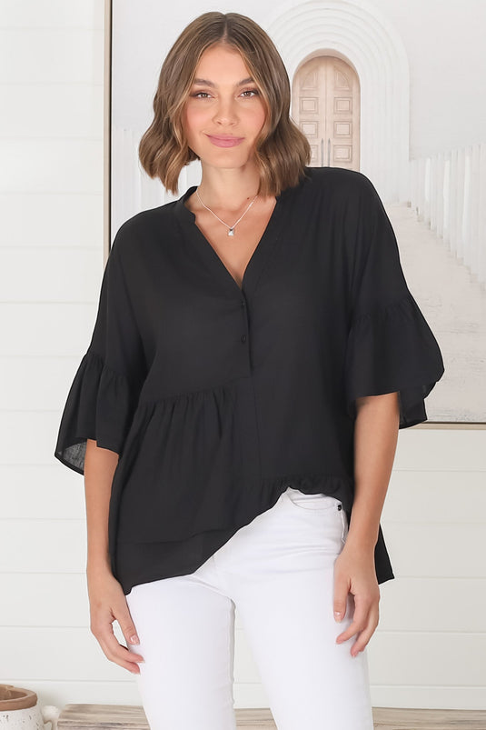 Nell Top - A-Symmetric Detailed Button Down Shirt in Black