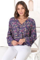 Nelly Top - Easy Wear V Neck Pull Over Top in Iris Print Navy