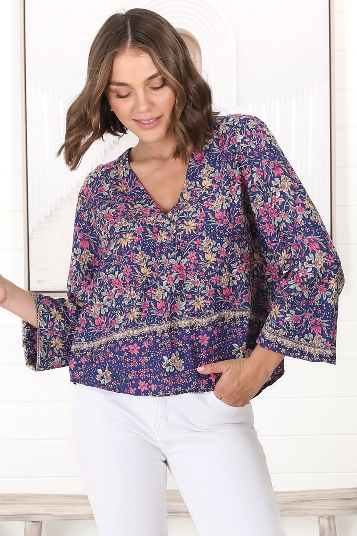 Nelly Top - Easy Wear V Neck Pull Over Top in Iris Print Navy