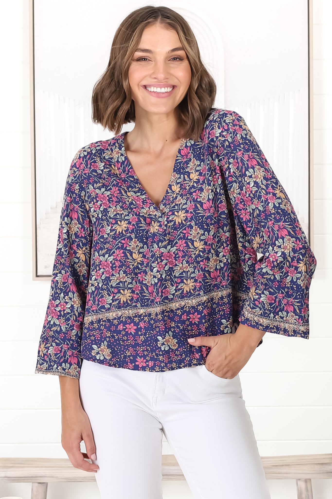 Nelly Top - Easy Wear V Neck Pull Over Top in Iris Print Navy