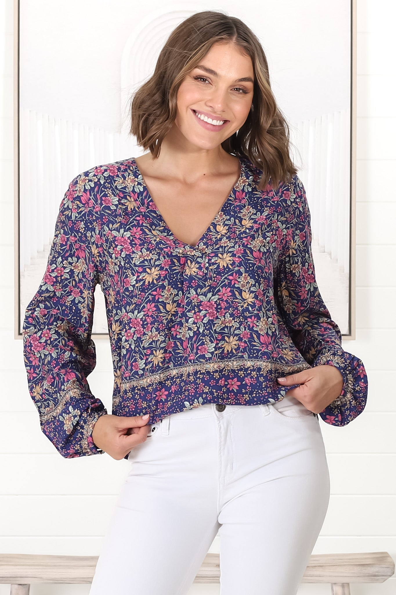 Nelly Top - Easy Wear V Neck Pull Over Top in Iris Print Navy