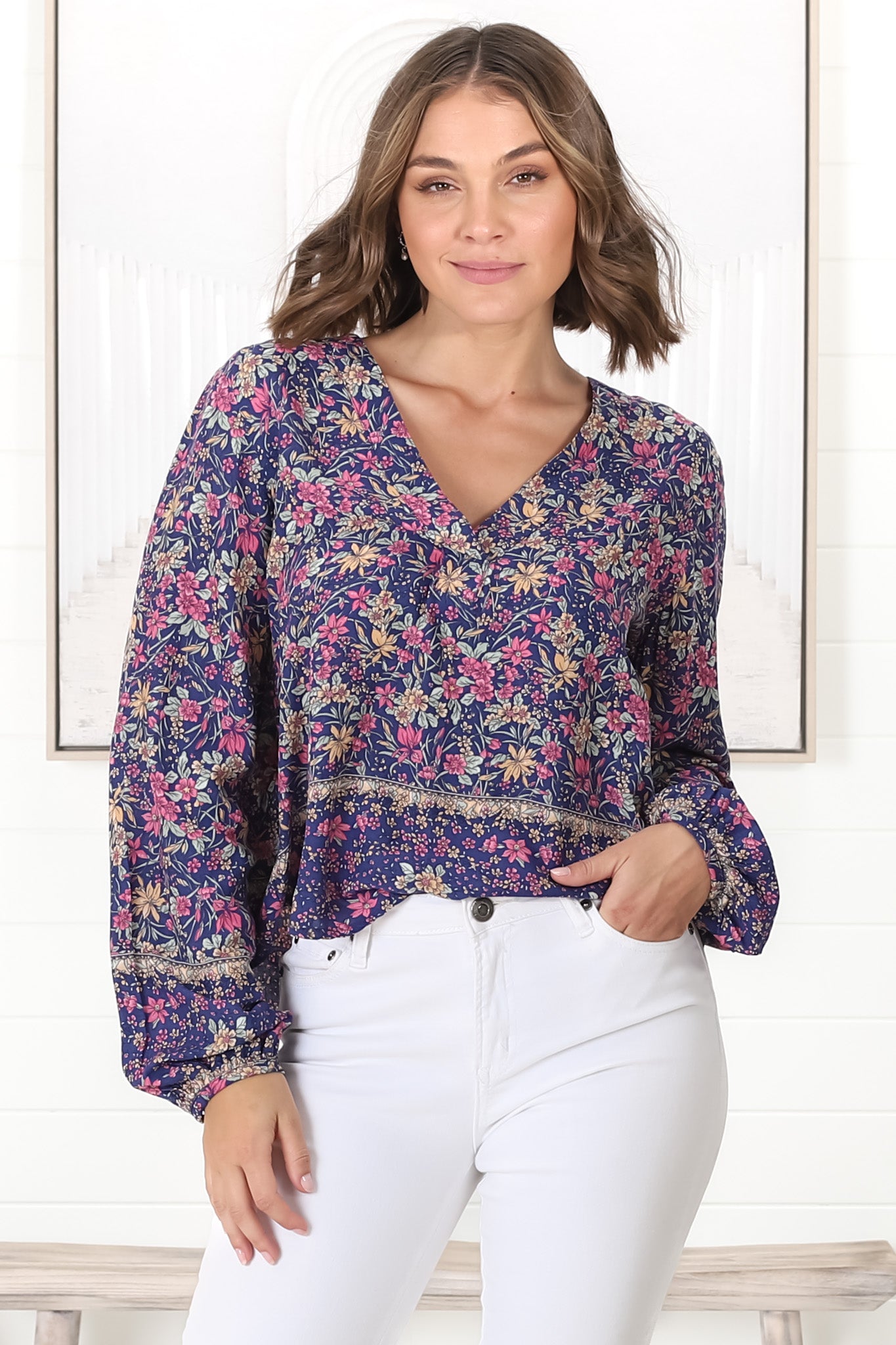 Nelly Top - Easy Wear V Neck Pull Over Top in Iris Print Navy