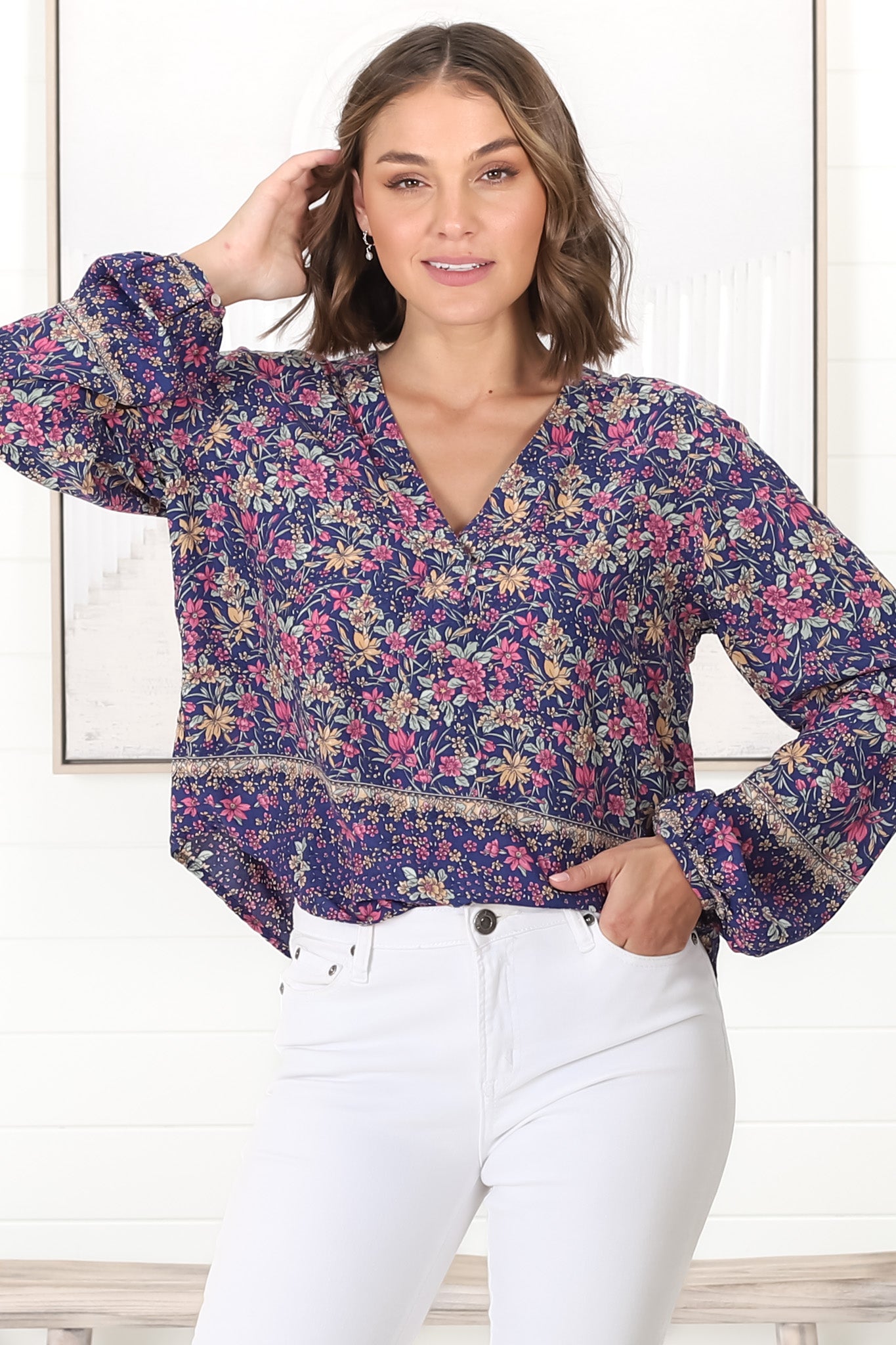 Nelly Top - Easy Wear V Neck Pull Over Top in Iris Print Navy