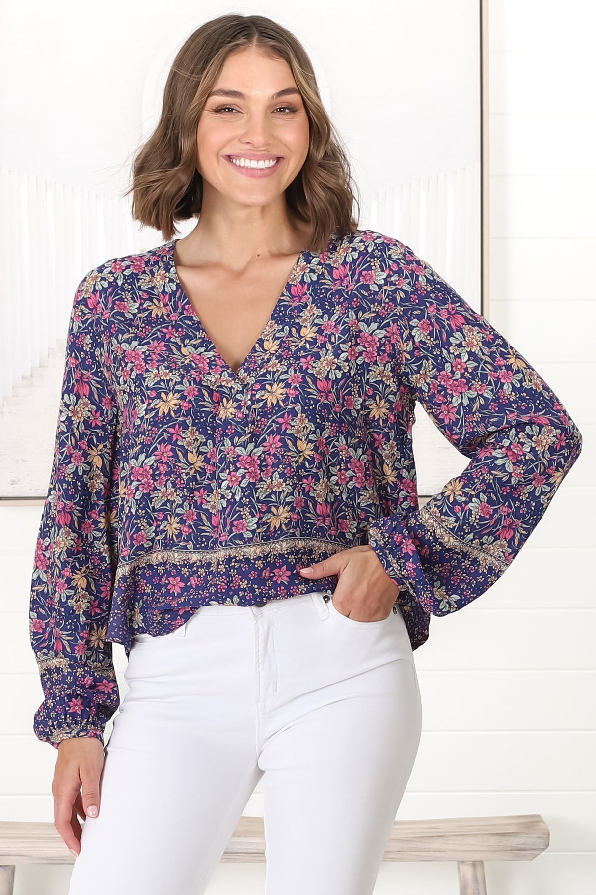 Nelly Top - Easy Wear V Neck Pull Over Top in Iris Print Navy