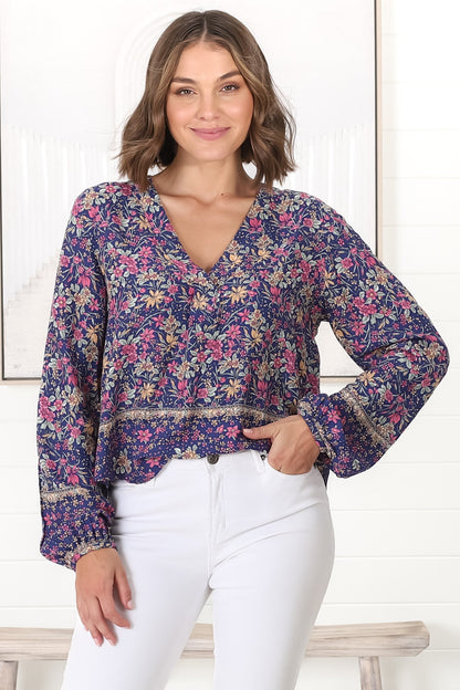 Nelly Top - Easy Wear V Neck Pull Over Top in Iris Print Navy