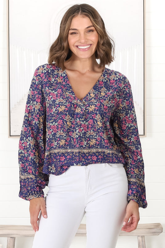 Nelly Top - Easy Wear V Neck Pull Over Top in Iris Print Navy