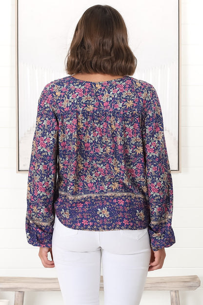 Nelly Top - Easy Wear V Neck Pull Over Top in Iris Print Navy