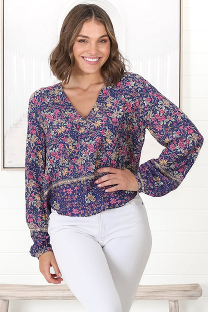 Nelly Top - Easy Wear V Neck Pull Over Top in Iris Print Navy