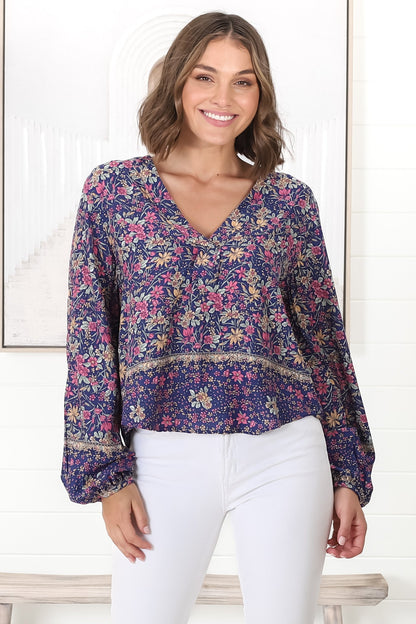 Nelly Top - Easy Wear V Neck Pull Over Top in Iris Print Navy