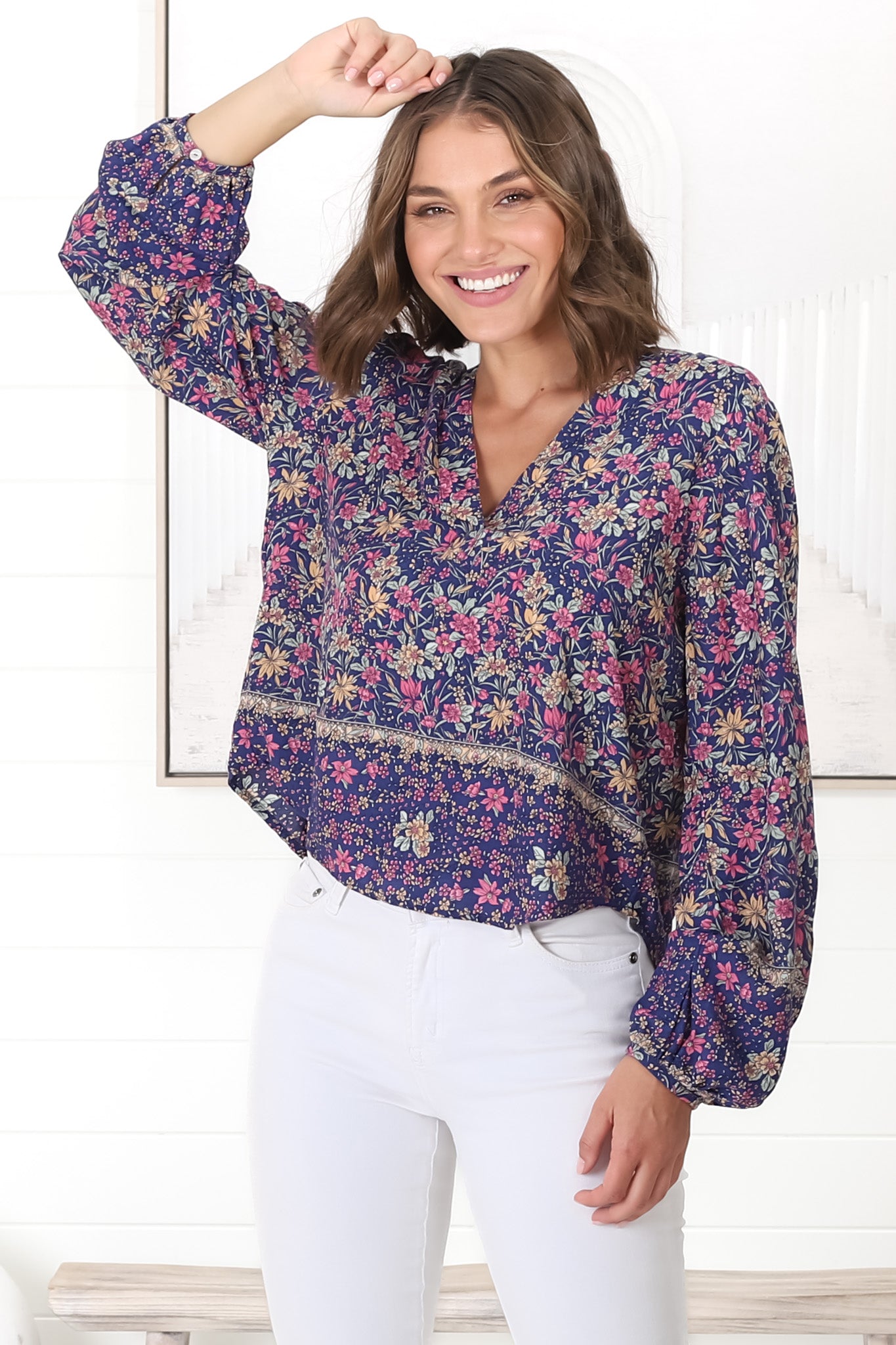 Nelly Top - Easy Wear V Neck Pull Over Top in Iris Print Navy