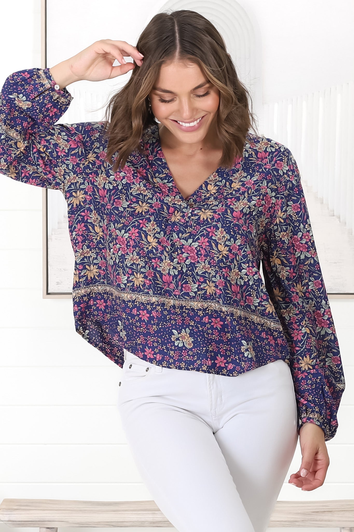 Nelly Top - Easy Wear V Neck Pull Over Top in Iris Print Navy