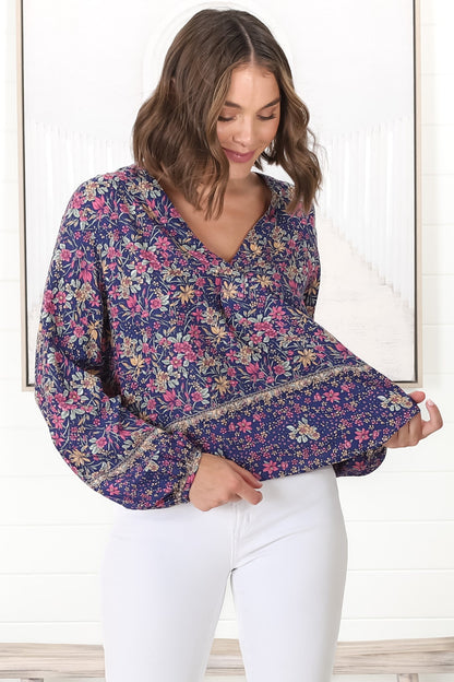 Nelly Top - Easy Wear V Neck Pull Over Top in Iris Print Navy