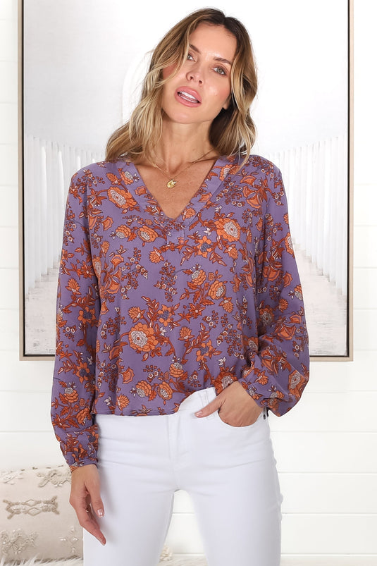Nelly Top - Easy Wear V Neck Pull Over Top in Lori Print