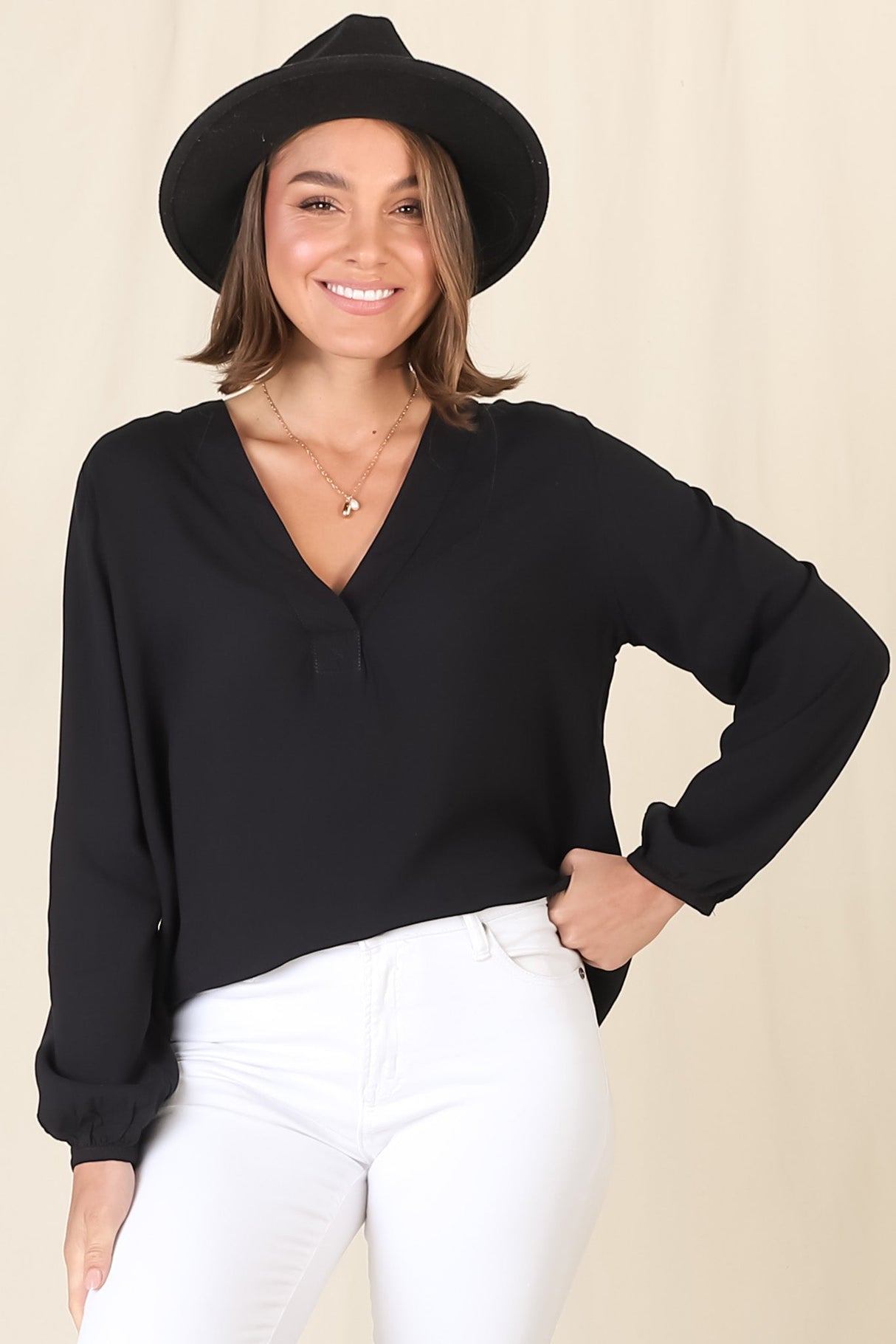 Nelly Top - Easy Wear V Neck Pull Over Top In Black