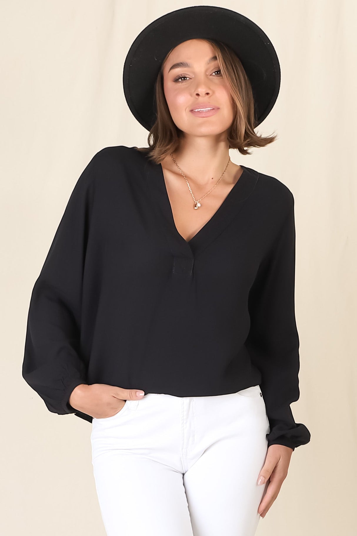 Nelly Top - Easy Wear V Neck Pull Over Top In Black