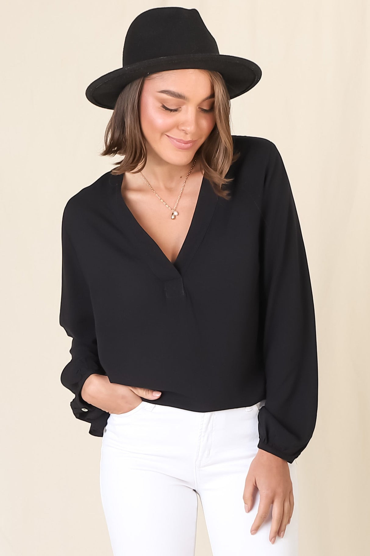 Nelly Top - Easy Wear V Neck Pull Over Top In Black