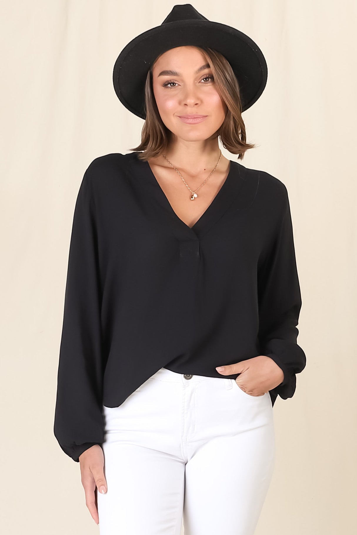 Nelly Top - Easy Wear V Neck Pull Over Top In Black