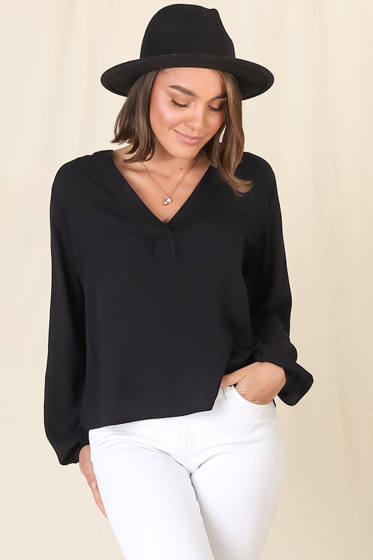 Nelly Top - Easy Wear V Neck Pull Over Top In Black