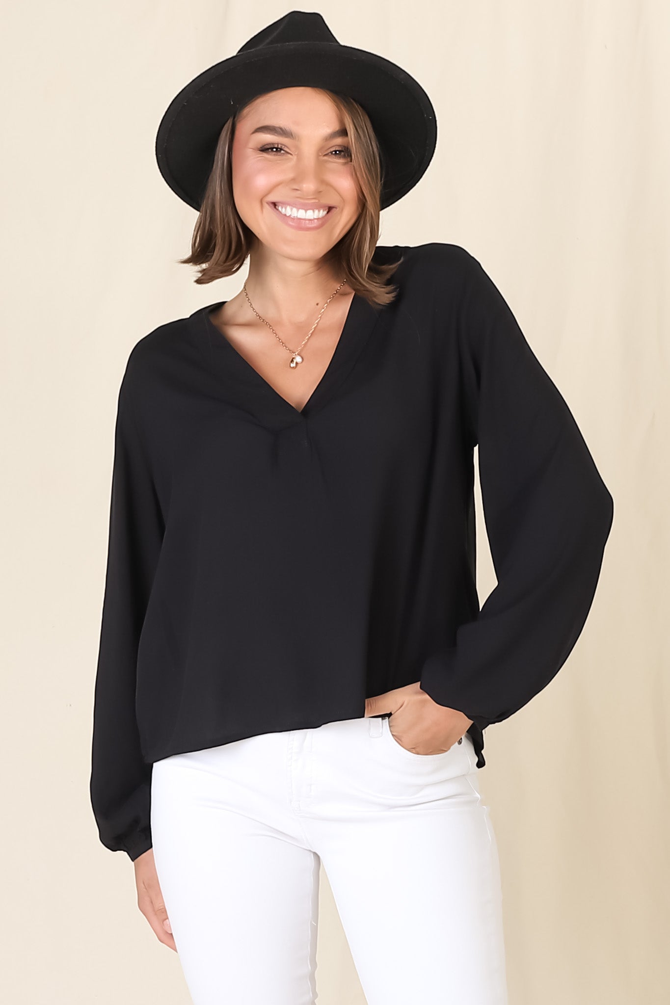 Nelly Top - Easy Wear V Neck Pull Over Top In Black