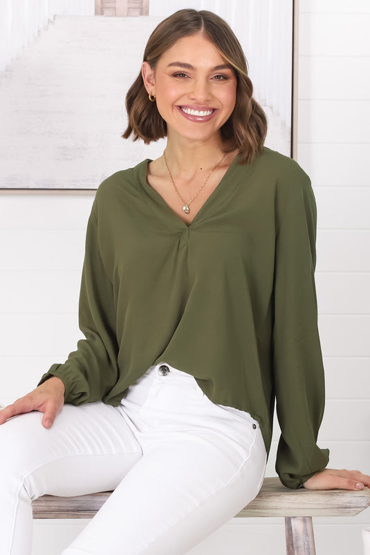 Nelly Top - Easy Wear V Neck Pull Over Top In Green