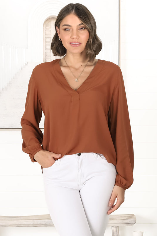 Nelly Top - Easy Wear V Neck Pull Over Top In Tan