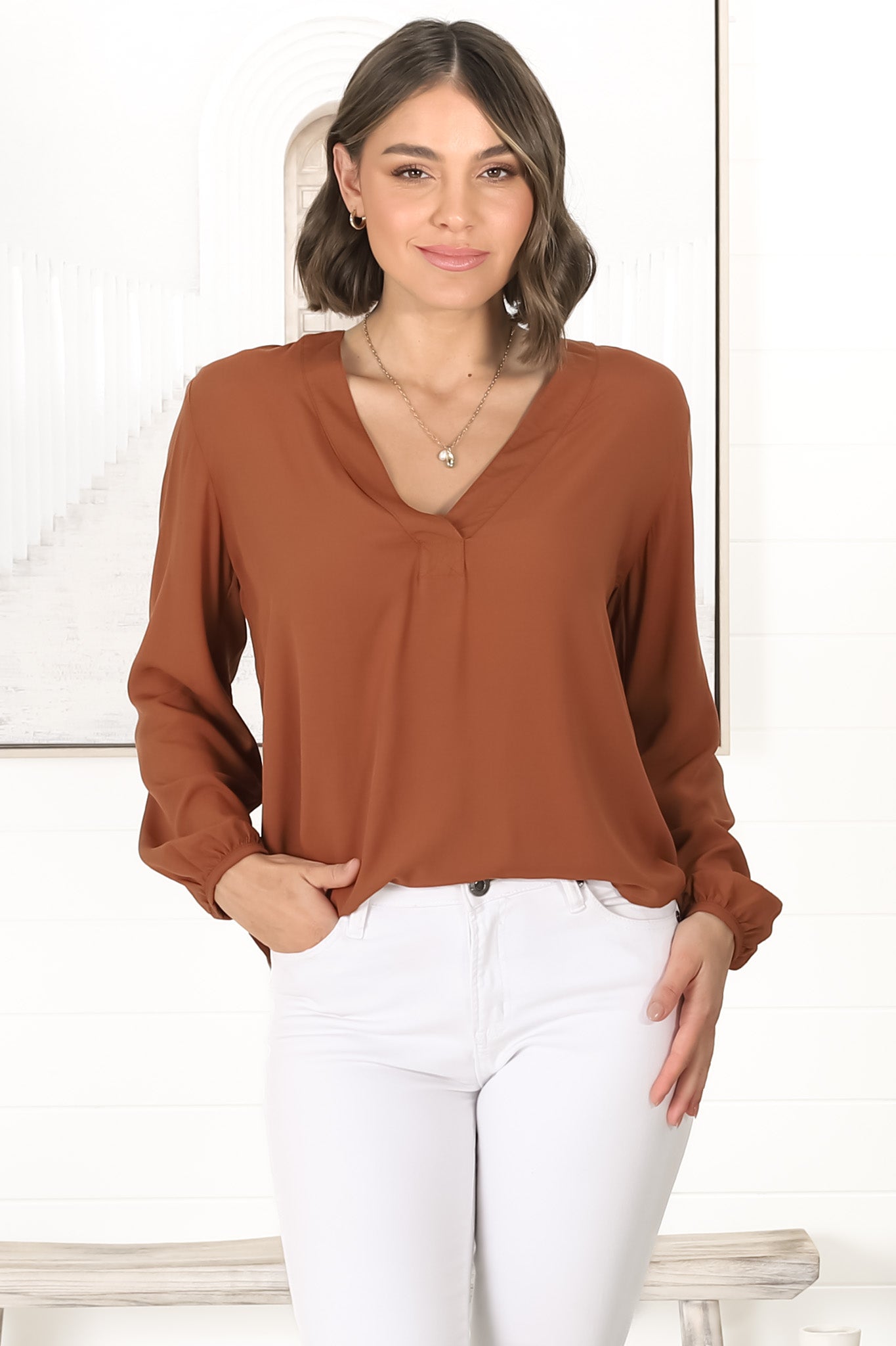 Nelly Top - Easy Wear V Neck Pull Over Top In Tan