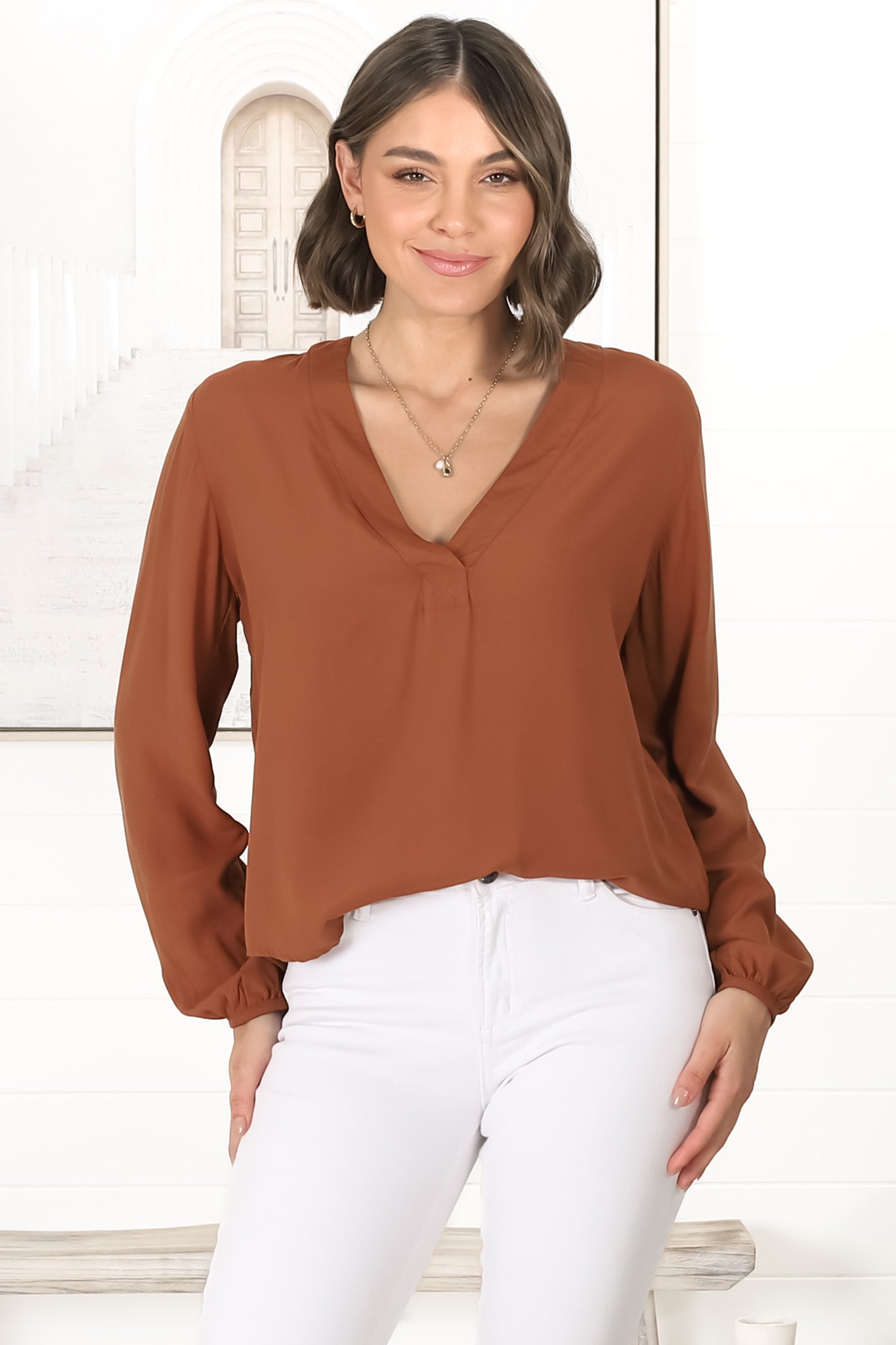 Nelly Top - Easy Wear V Neck Pull Over Top In Tan