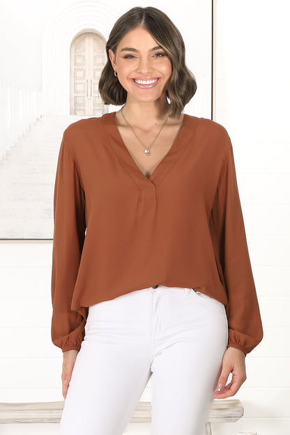 Nelly Top - Easy Wear V Neck Pull Over Top In Tan