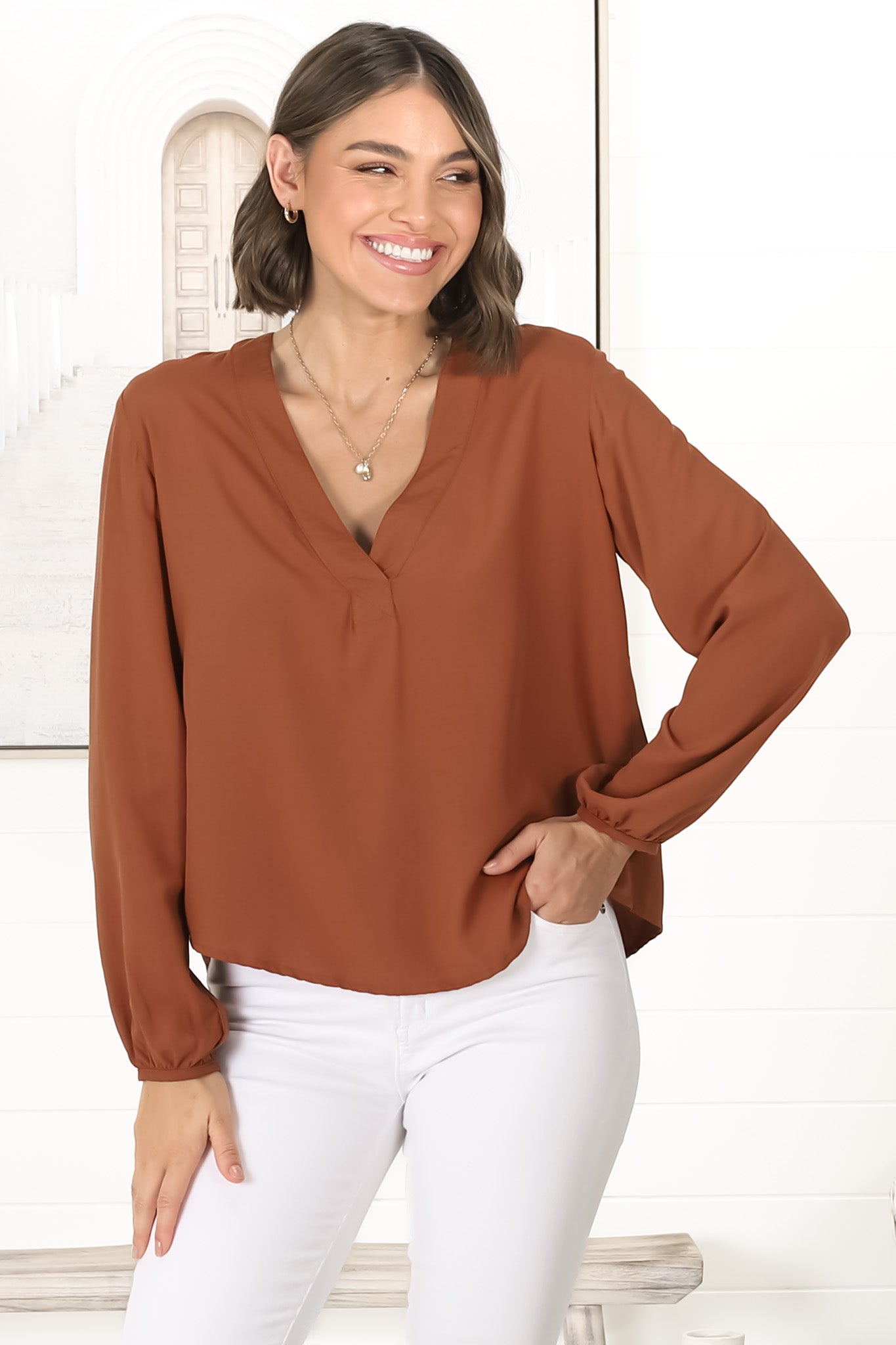 Nelly Top - Easy Wear V Neck Pull Over Top In Tan