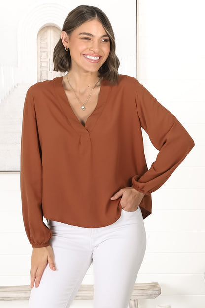 Nelly Top - Easy Wear V Neck Pull Over Top In Tan