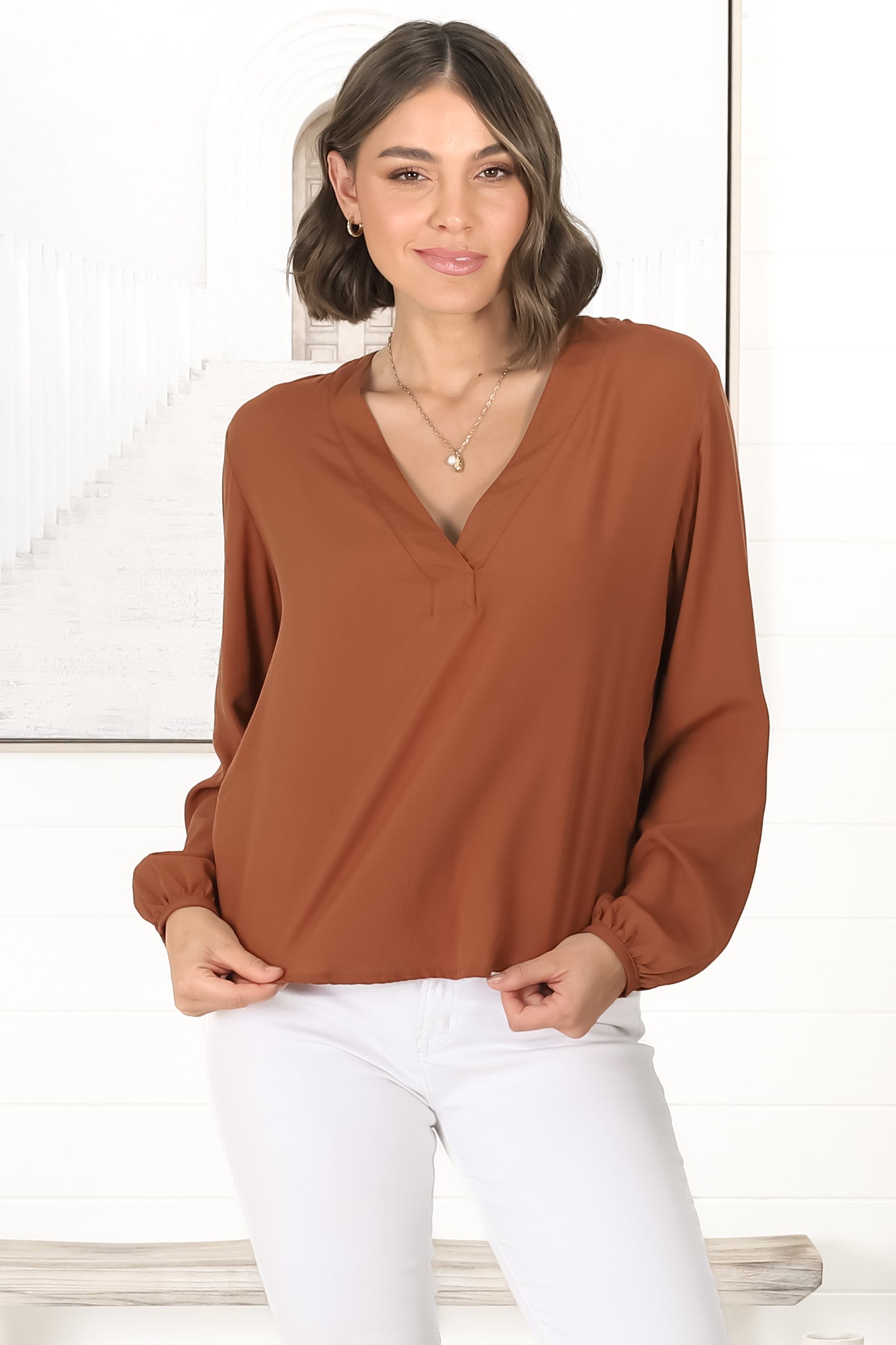 Nelly Top - Easy Wear V Neck Pull Over Top In Tan