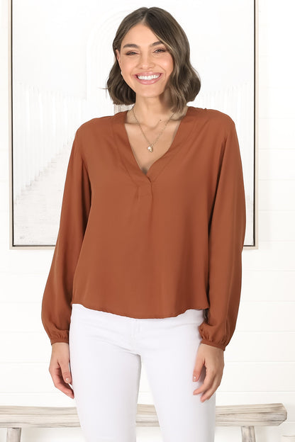 Nelly Top - Easy Wear V Neck Pull Over Top In Tan