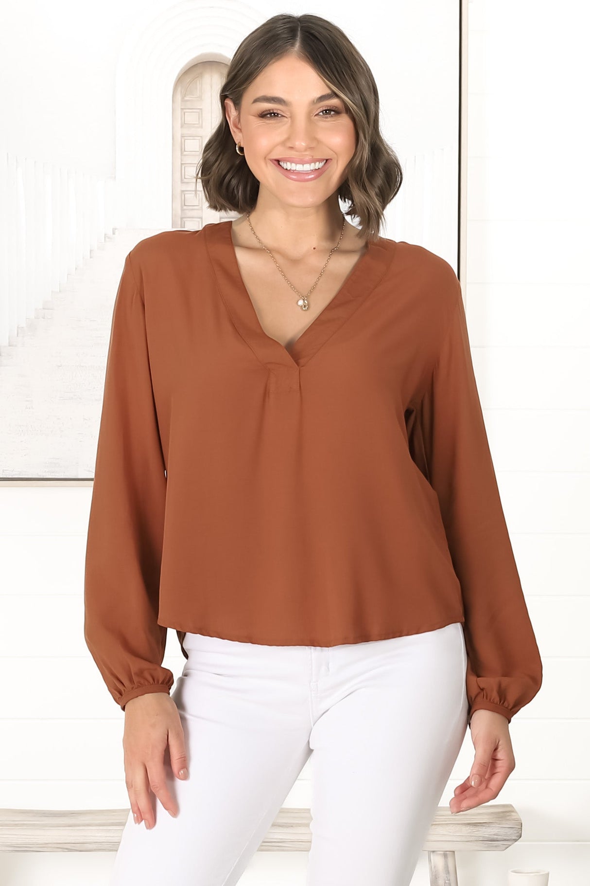 Nelly Top - Easy Wear V Neck Pull Over Top In Tan