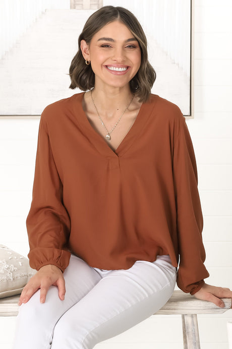 Nelly Top - Easy Wear V Neck Pull Over Top In Tan