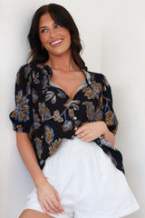 Neo Blouse - High Frill Collar Button Down Shirt in Enchanted Ink Print