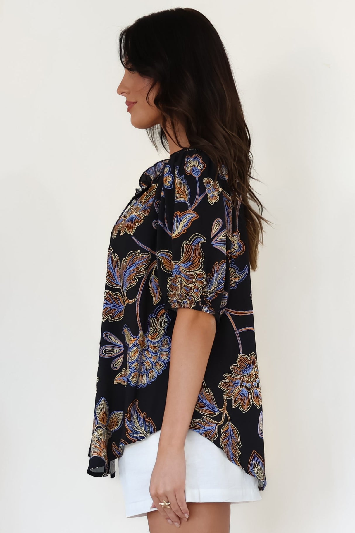 Neo Blouse - High Frill Collar Button Down Shirt in Enchanted Ink Print