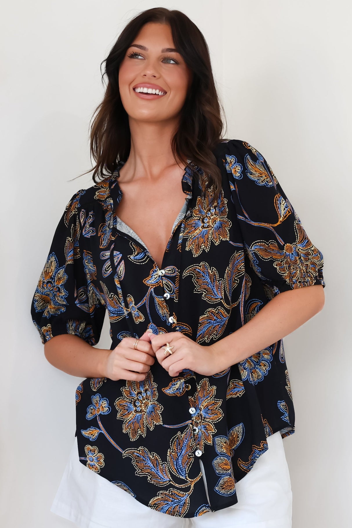 Neo Blouse - High Frill Collar Button Down Shirt in Enchanted Ink Print