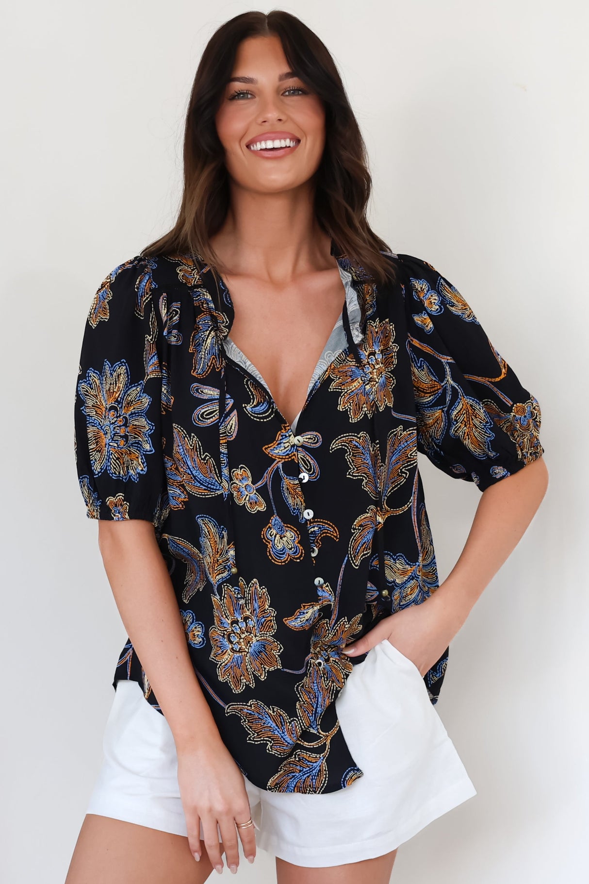 Neo Blouse - High Frill Collar Button Down Shirt in Enchanted Ink Print