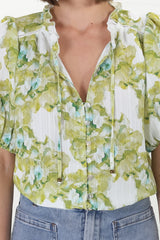 Neo Blouse - High Frill Collar Button Down Shirt in Franc Print Lime