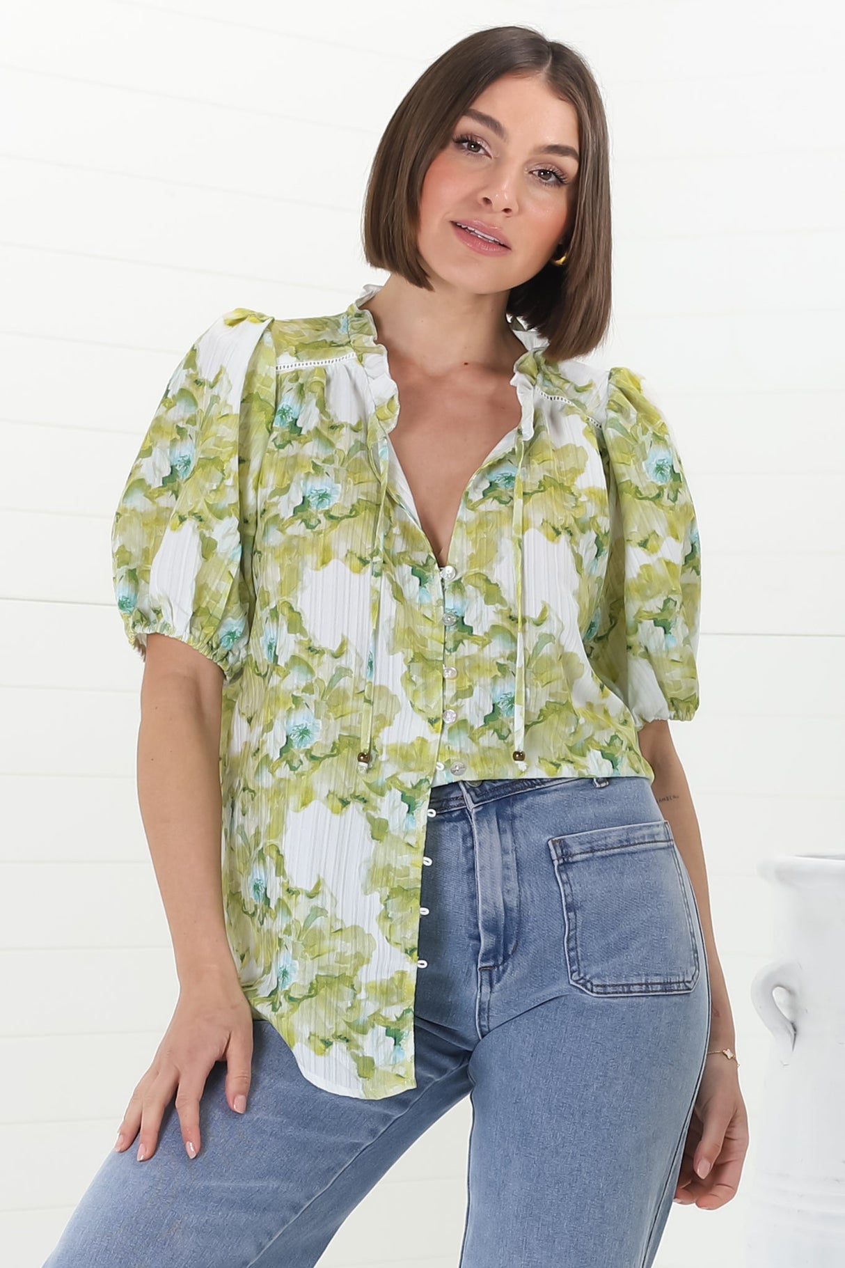 Neo Blouse - High Frill Collar Button Down in Franc Print Lime