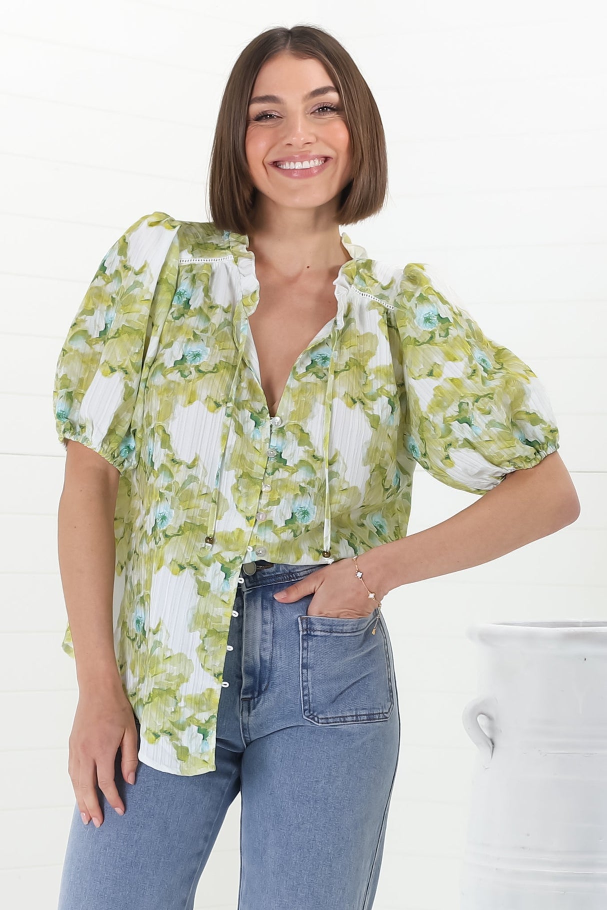 Neo Blouse - High Frill Collar Button Down Shirt in Franc Print Lime