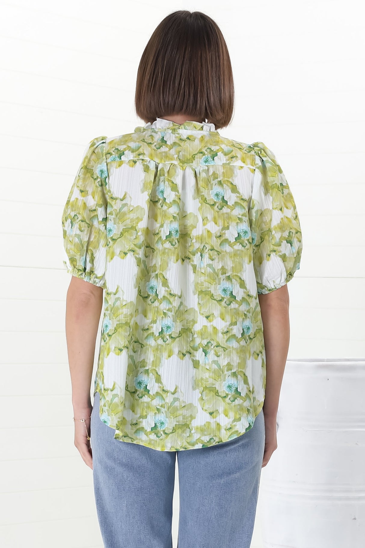 Neo Blouse - High Frill Collar Button Down Shirt in Franc Print Lime