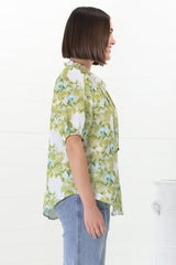 Neo Blouse - High Frill Collar Button Down in Franc Print Lime