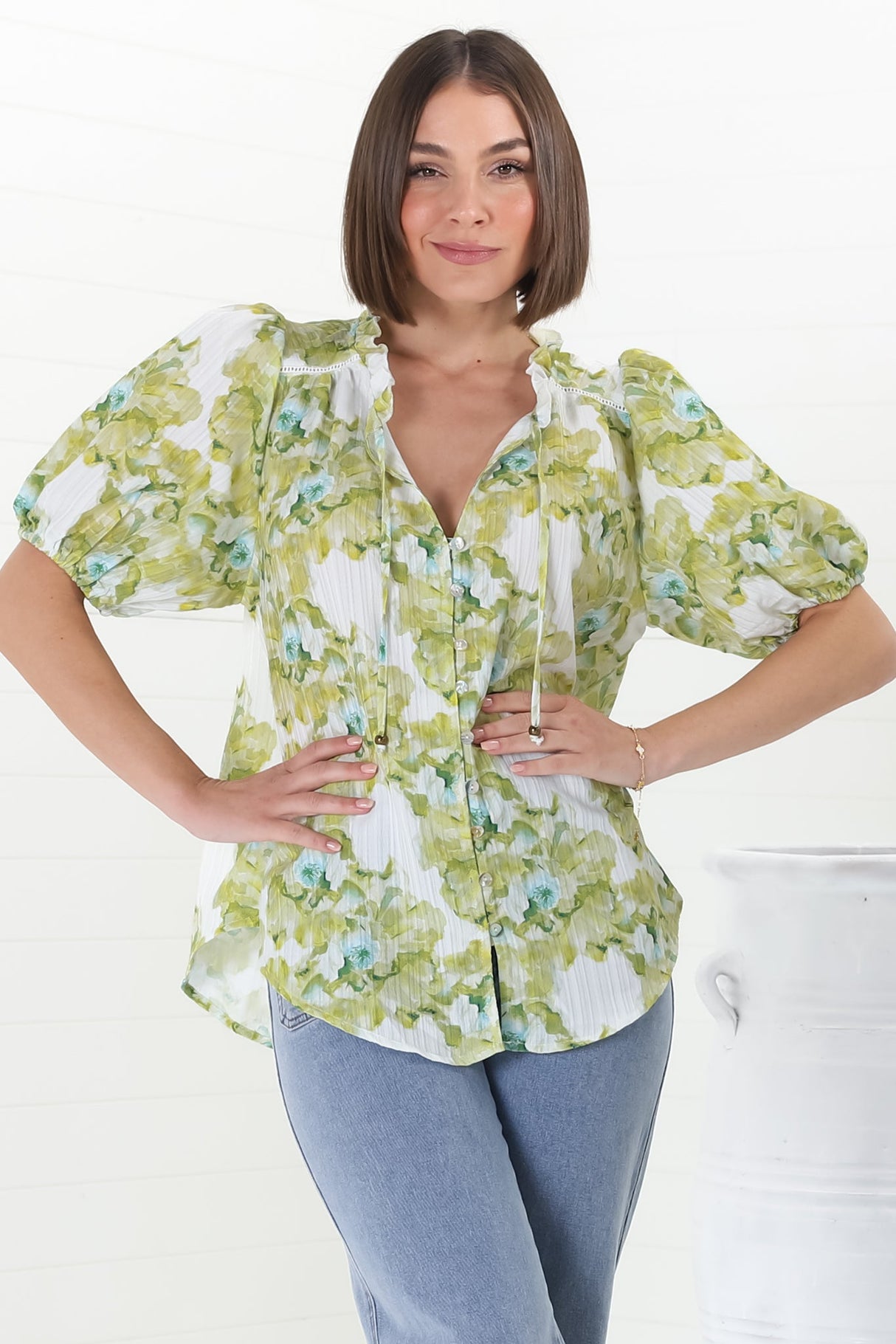 Neo Blouse - High Frill Collar Button Down in Franc Print Lime