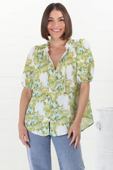 Neo Blouse - High Frill Collar Button Down in Franc Print Lime