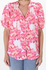 Neo Blouse - High Frill Collar Button Down Shirt in Franc Print Pink