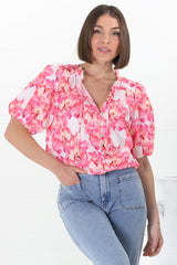 Neo Blouse - High Frill Collar Button Down in Franc Print Pink